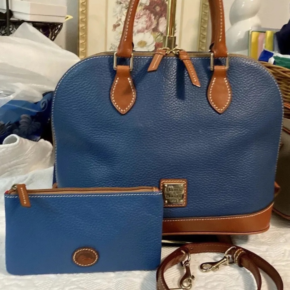 Dooney Bourke Blue Set! Pebbled Leather Zip Zip Satchel Handbag & Pouch Wallet